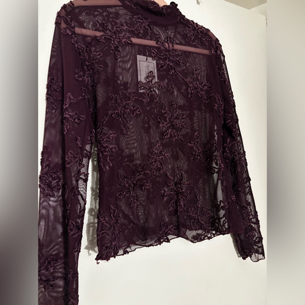 Sheer lace Long Sleeve Top in Burgundy